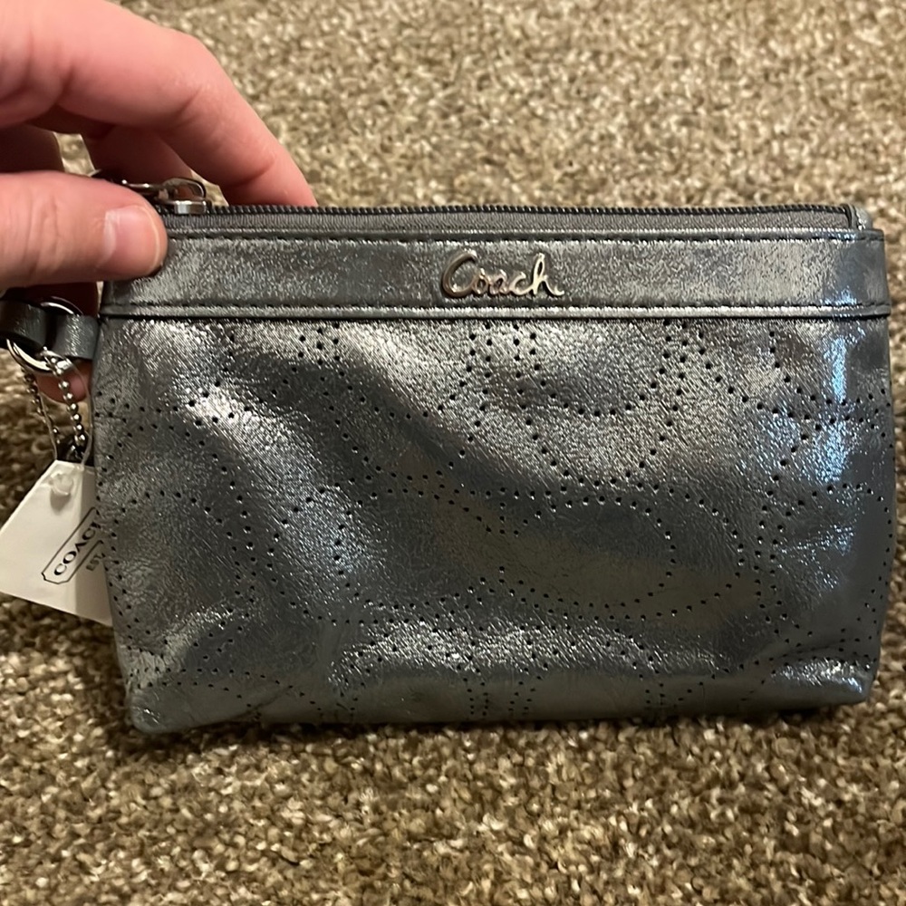 Coach Perforated Leather Gunmetal Wristlet